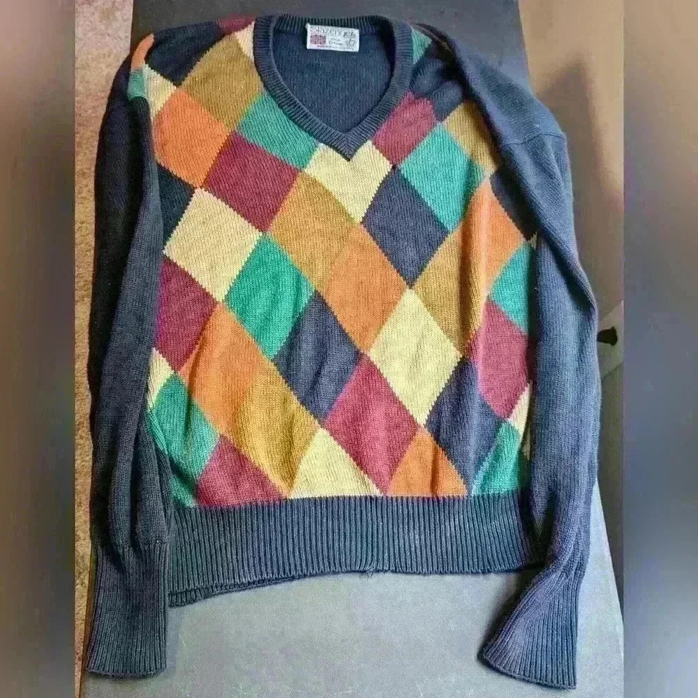 Slazenger Sweater Mens Large Multicolor Golf Argyle Knitwear British Hong Kong